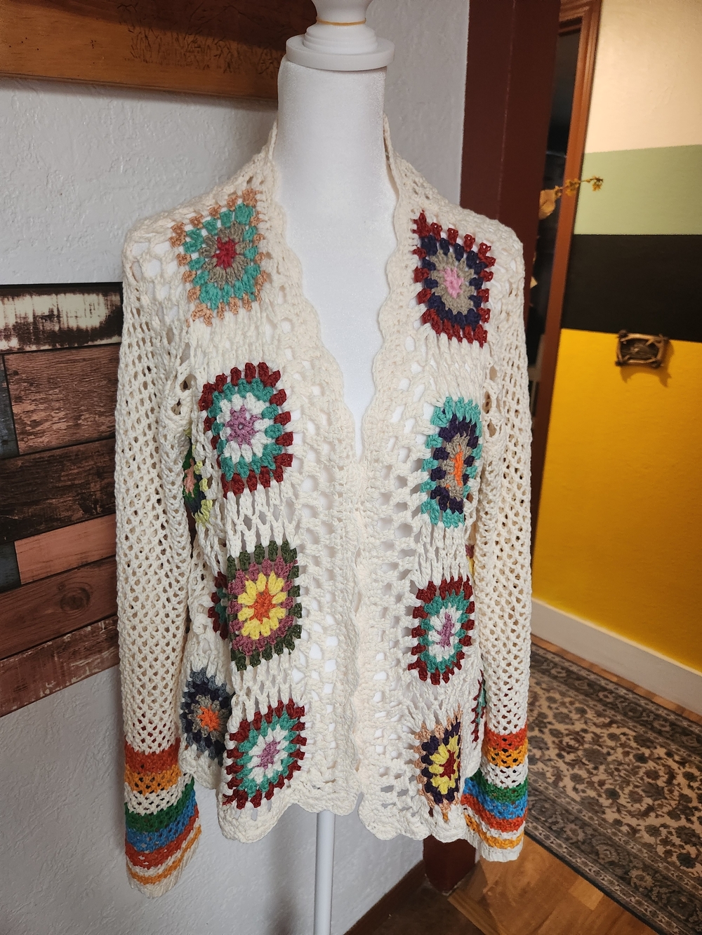 Retro Crochet Granny Square Open-Stitch Cardigan with Boho Rainbow Cuffs - Picture 1 of 8
